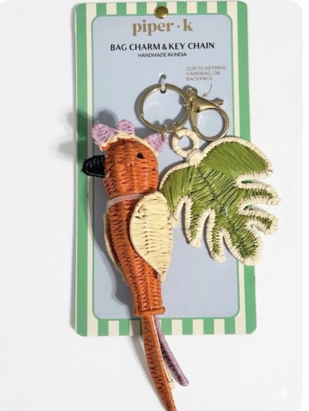 🧡▪️Piper K ▪️Woven Parrot & Leaf Keychain - Orange/Green Bag Charm